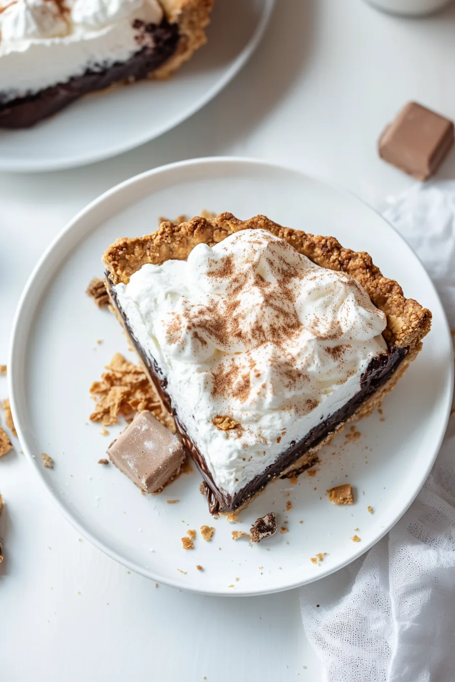 Rustic dessert pie featuring a graham crust and glossy chocolate center under toasted cream.