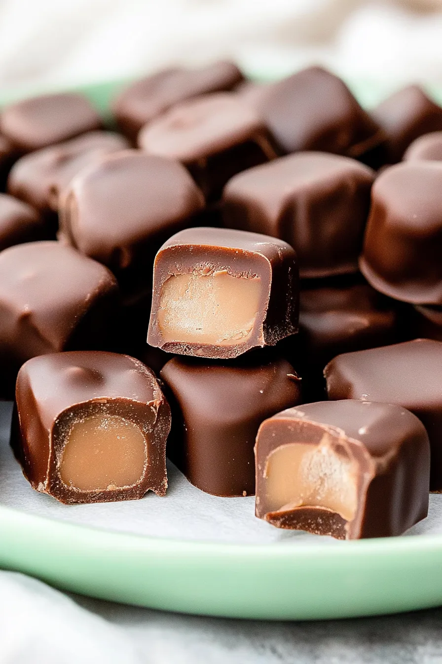 Homemade chocolate mints arranged neatly for serving, showing the contrast between the dark shell and light filling.