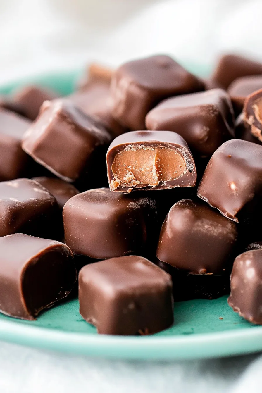 Rich, chocolate-coated mint treats displayed on a pastel plate, highlighting their silky centers.