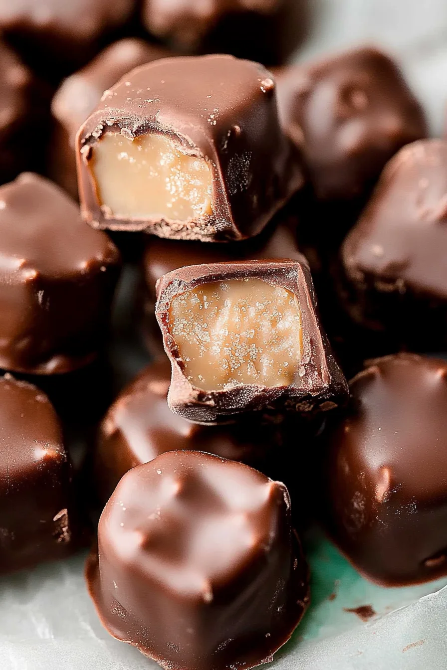 Close-up of creamy chocolate mint candies stacked on a plate, showing their smooth texture and glossy finish.