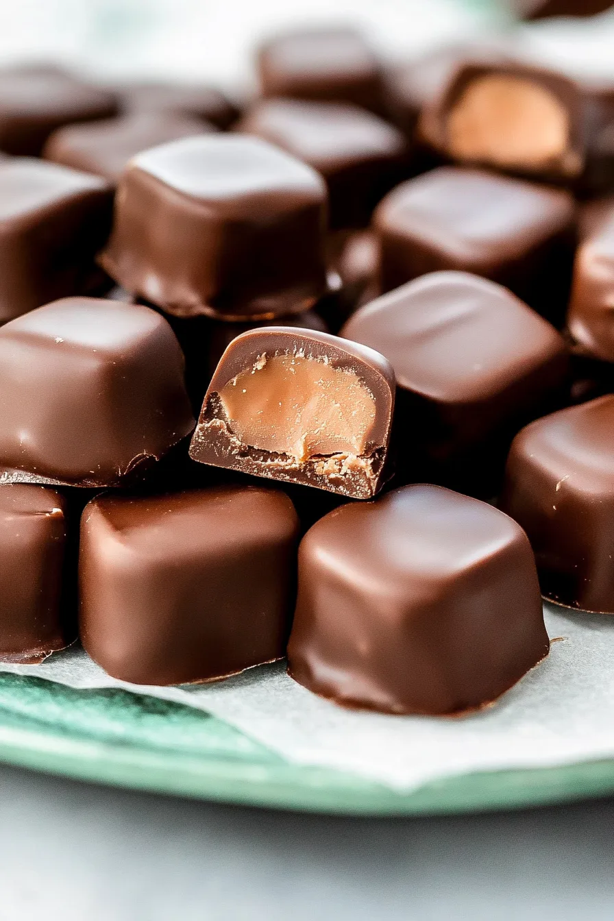 A plate filled with bite-sized chocolate-covered mints, one piece cut open to reveal the soft minty center.