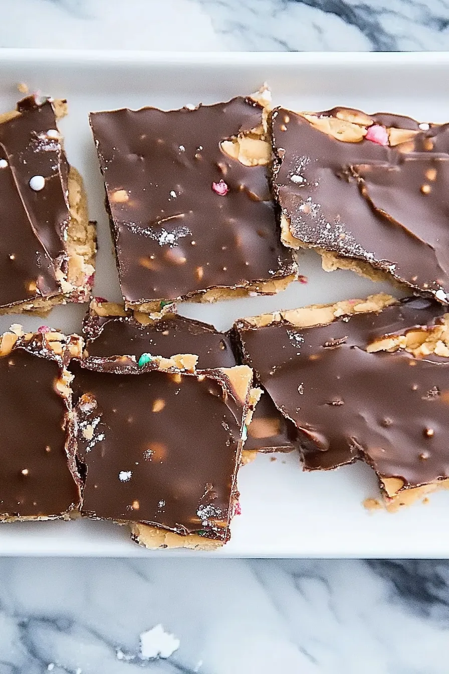 Close-up of crisp, chocolate-covered candy pieces layered with caramel and crackers.