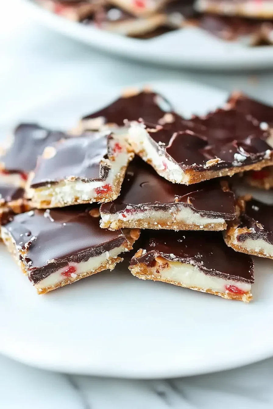 A stack of toffee cracker candy topped with melted chocolate and a sprinkle of sea salt.