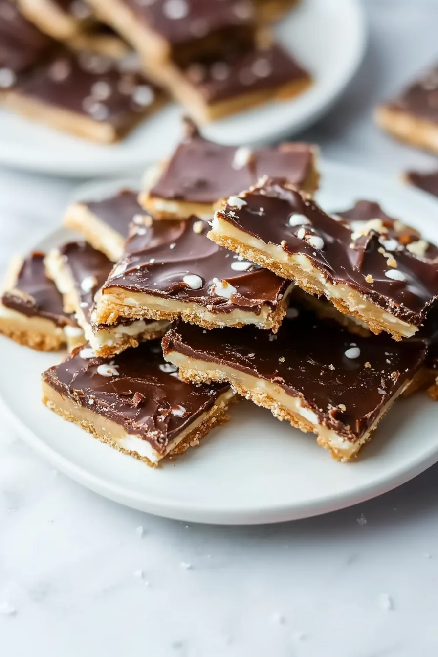 Sweet and crunchy chocolate toffee bark broken into bite-sized squares on a plate.