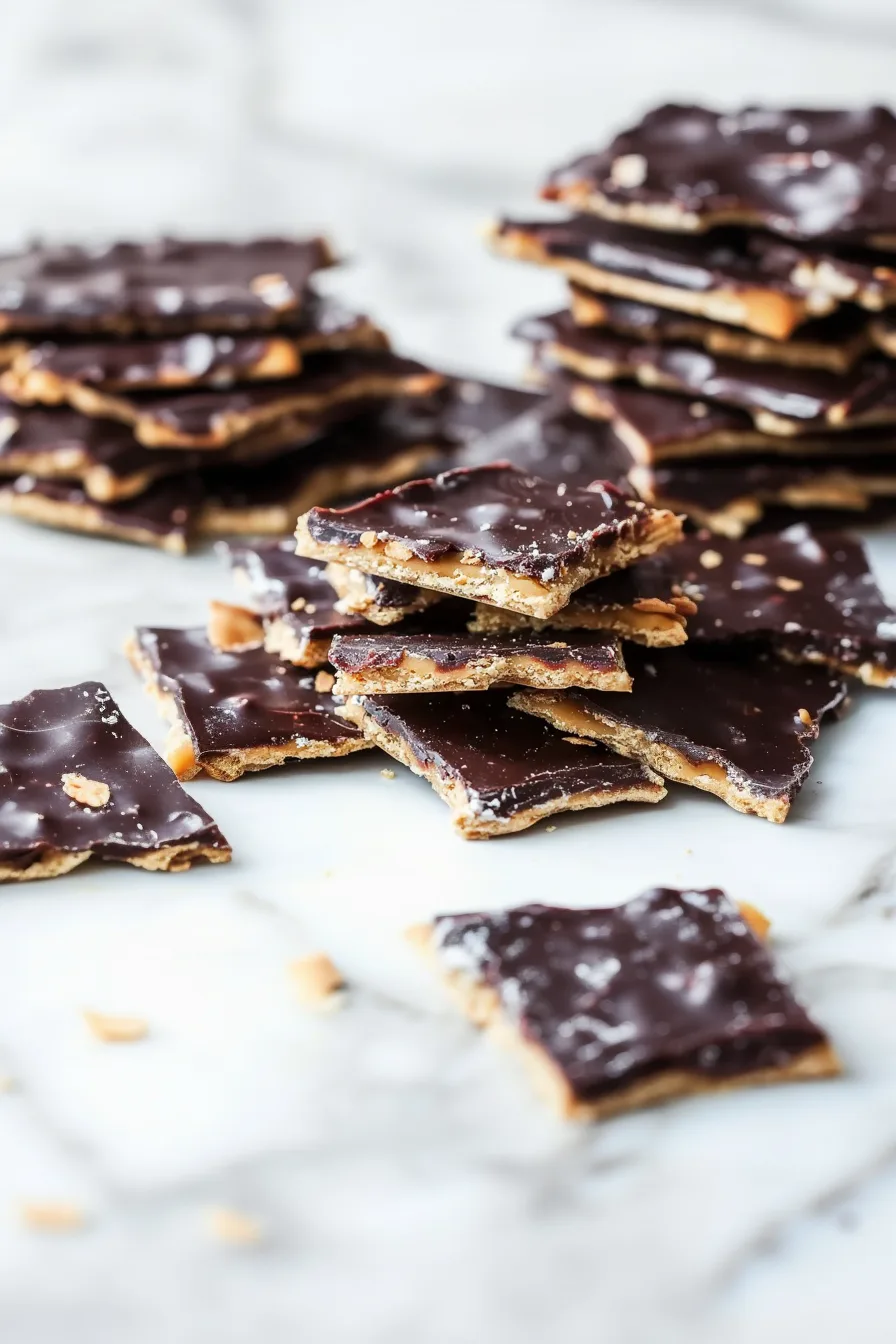 Golden caramel cracker candy topped with smooth chocolate glaze and flakes of salt.