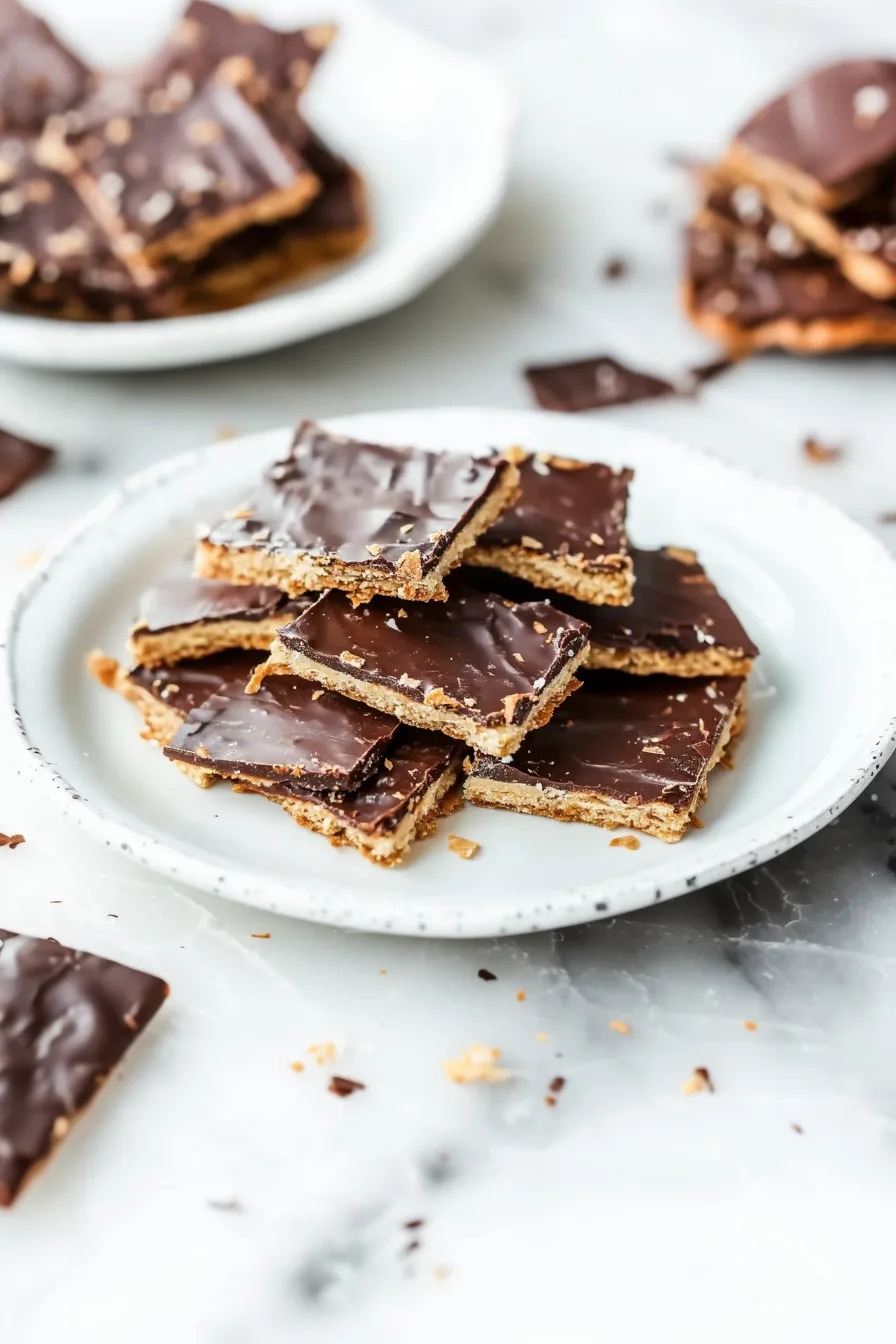 Homemade chocolate toffee bark with cracker layers arranged on a white serving plate.