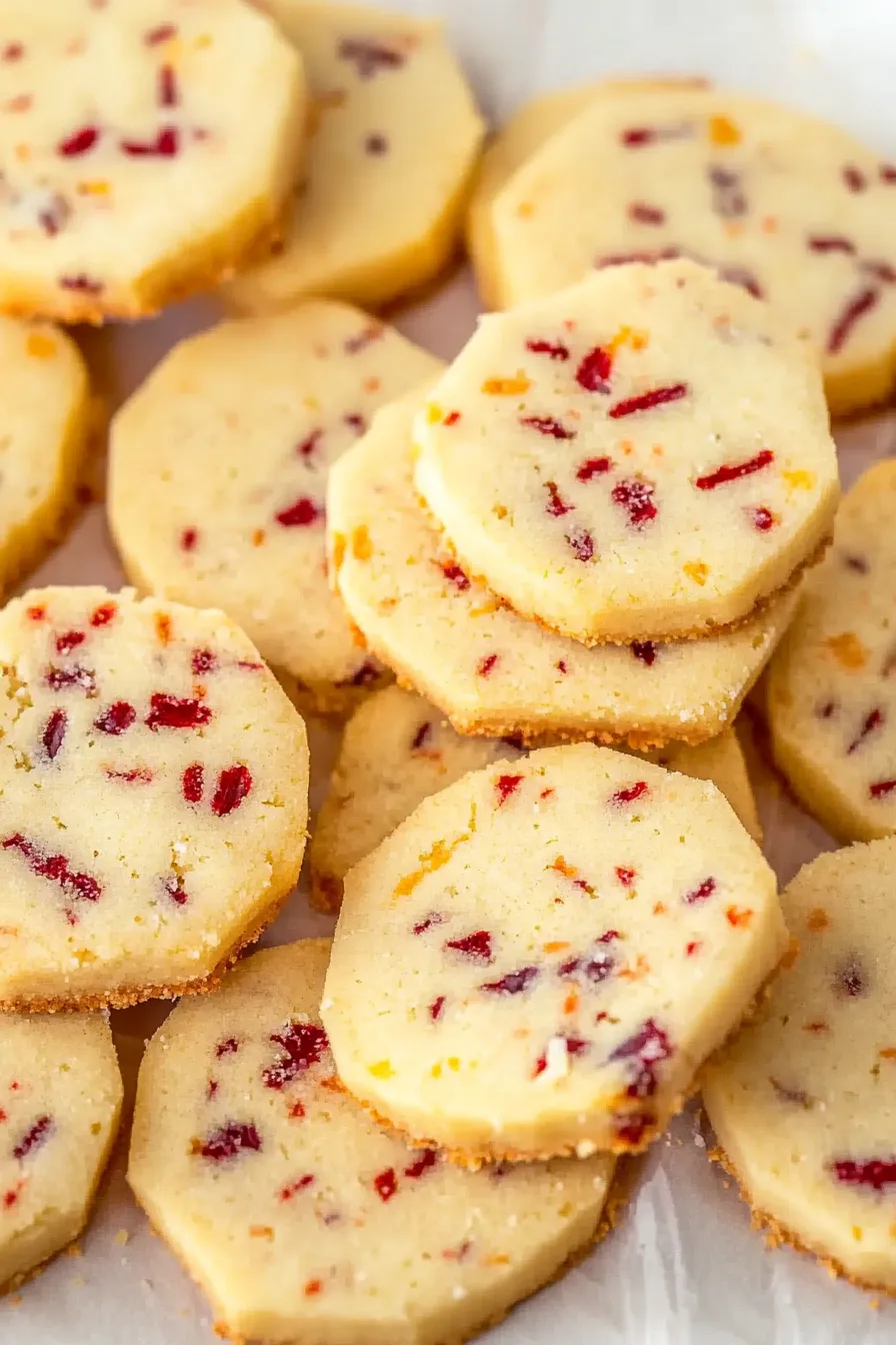 Festive holiday shortbread cookies showcasing cranberry and orange throughout the dough.