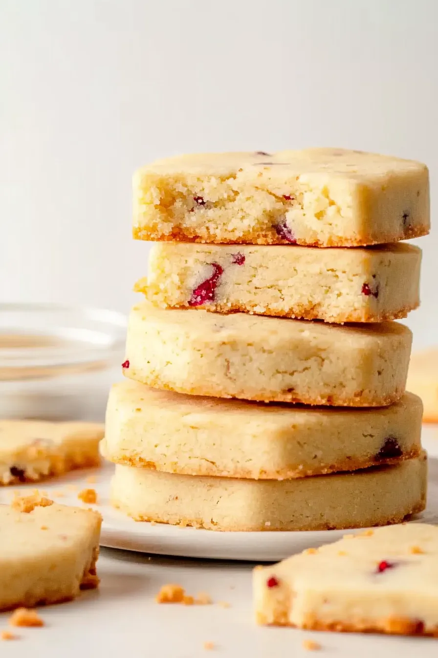 Close-up of golden shortbread slices with dried cranberries and orange flecks.