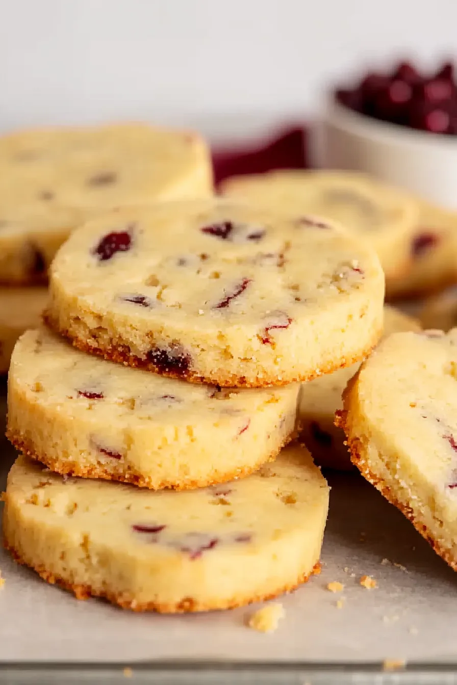 Cranberry and orange shortbread cookies arranged neatly on parchment paper.