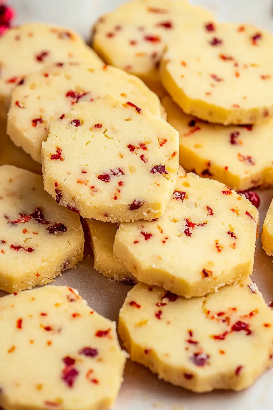 Tender slice-and-bake shortbread filled with bright cranberry and orange pieces."
