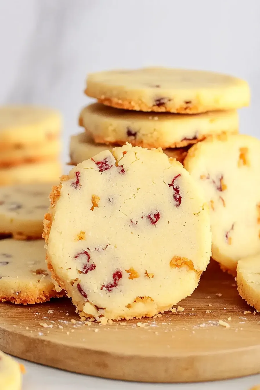 Buttery shortbread cookies with bits of cranberry and orange zest stacked on a tray.
