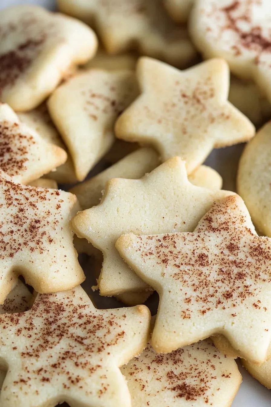 Close-up of golden shortbread-style cookies with nutmeg topping