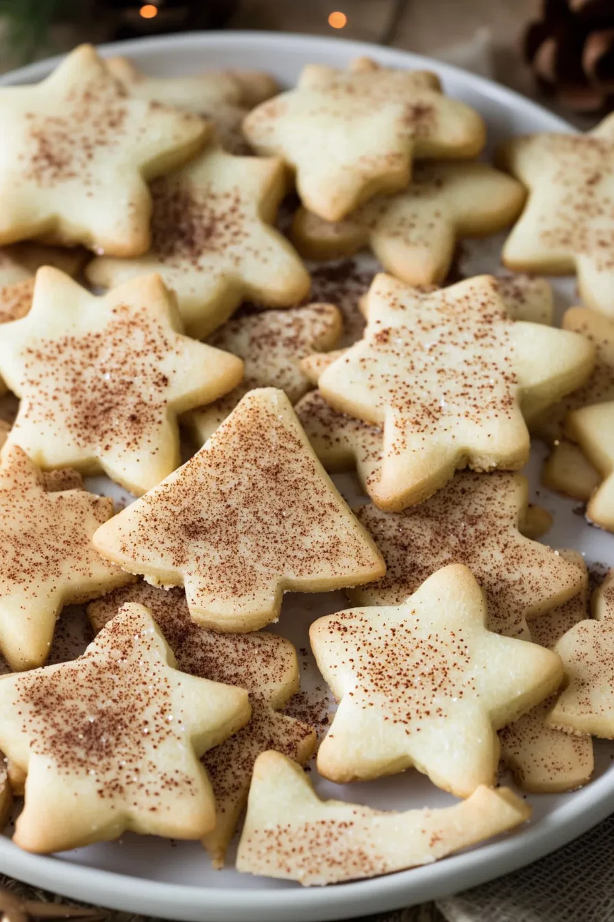 Star-shaped holiday sugar cookies sprinkled with nutmeg on a plate