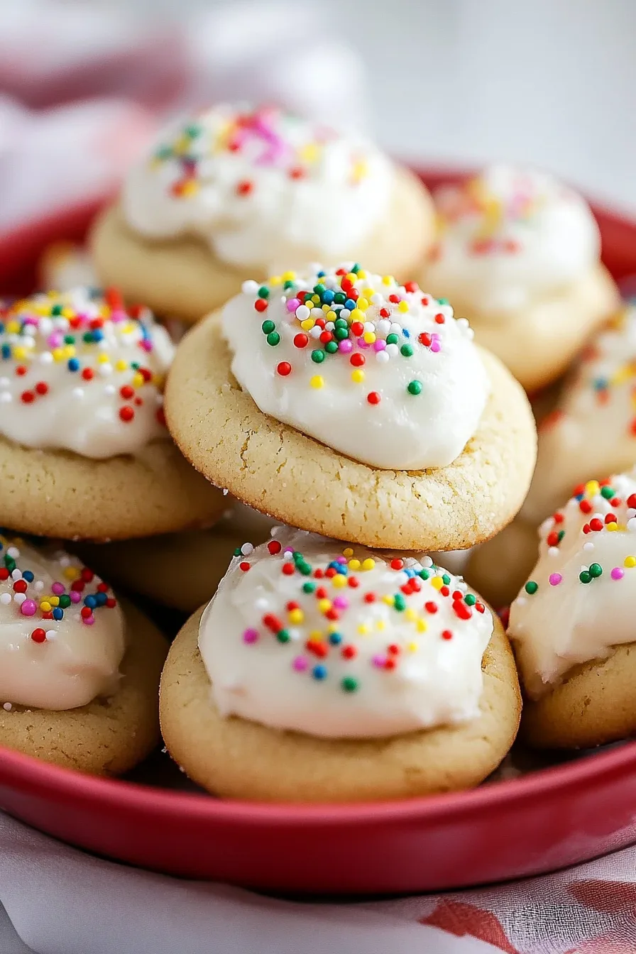 Golden Italian cookies decorated with sweet icing and festive nonpareils for the holidays.