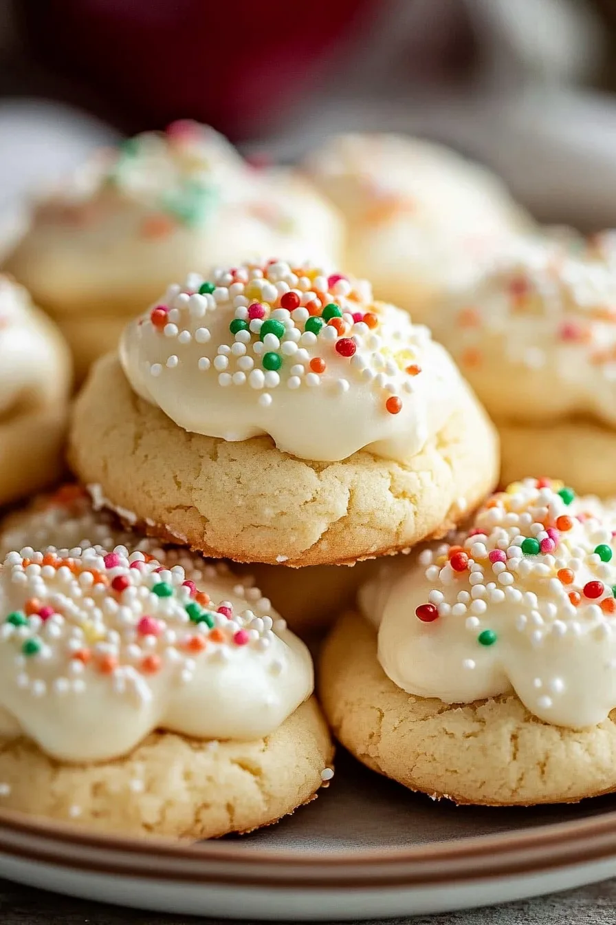 Soft ricotta cookies topped with vanilla glaze and colorful holiday sprinkles on a plate.