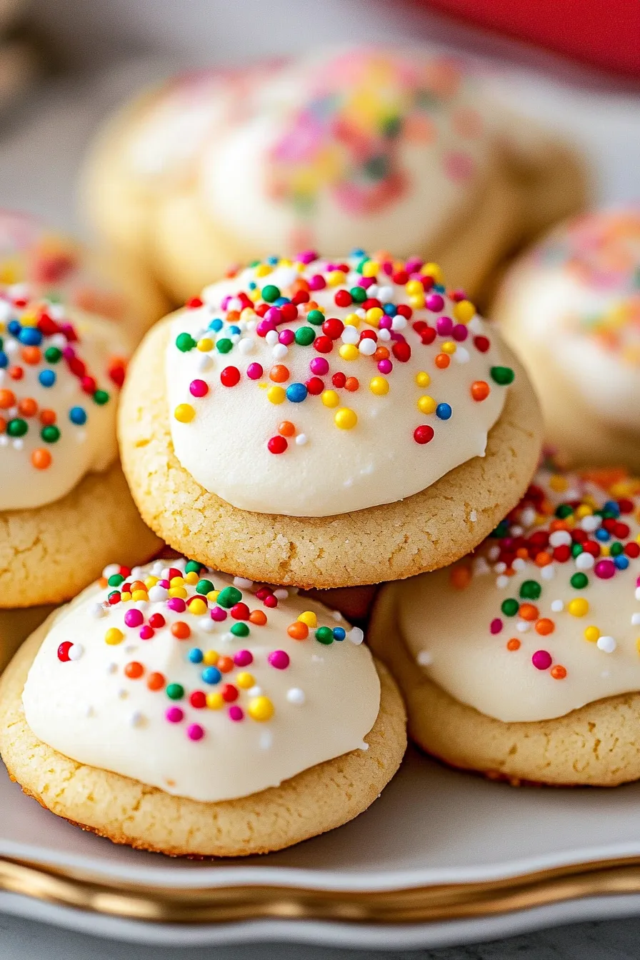 Close-up of festive Italian cookies with creamy icing and red, green, and white sprinkles.