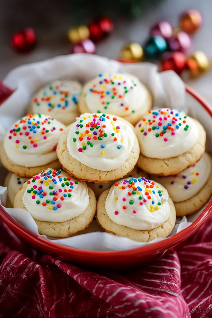Plate of fluffy holiday cookies with a smooth glaze and cheerful Christmas sprinkles.