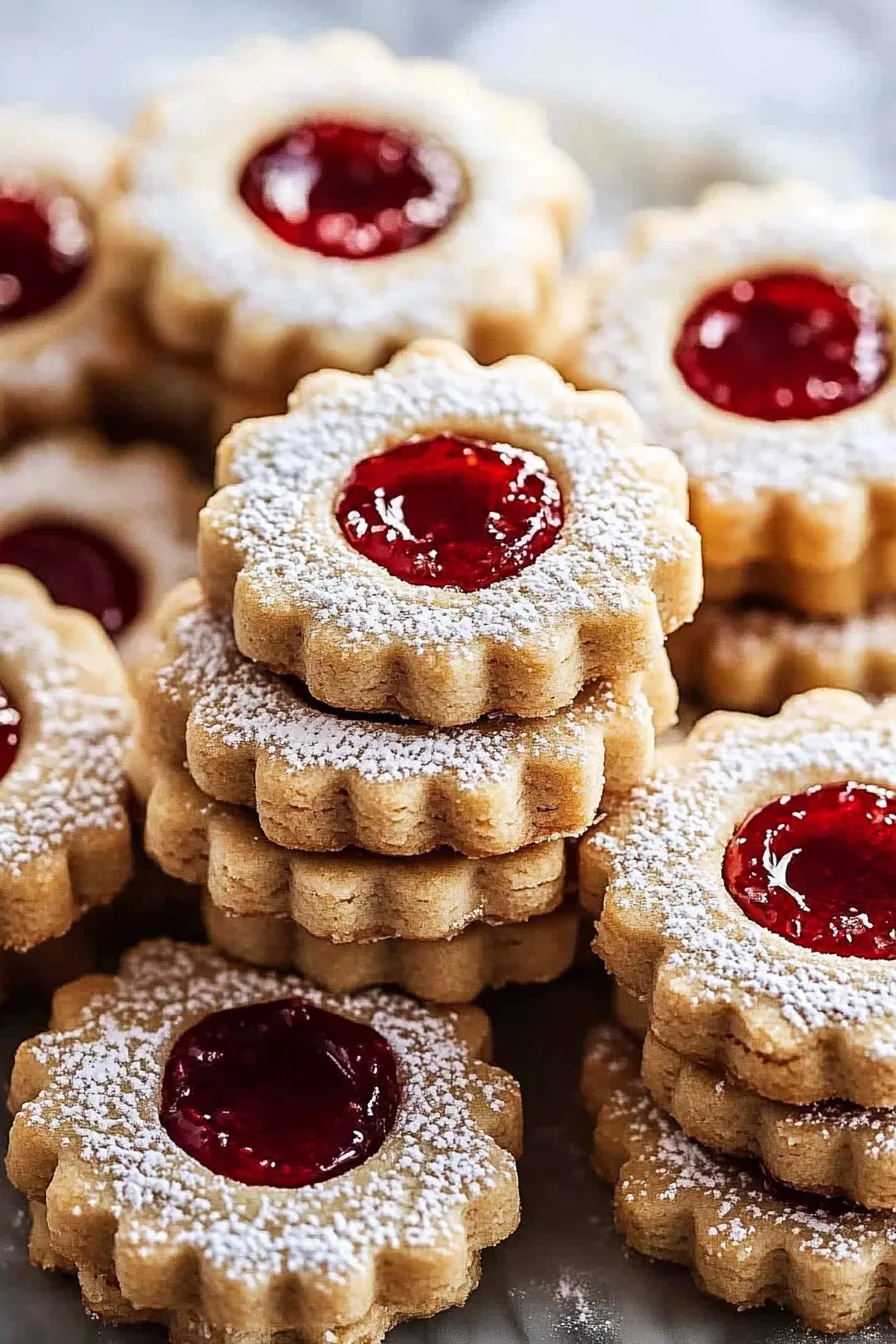 Classic holiday cookies with scalloped edges and a glossy jam filling