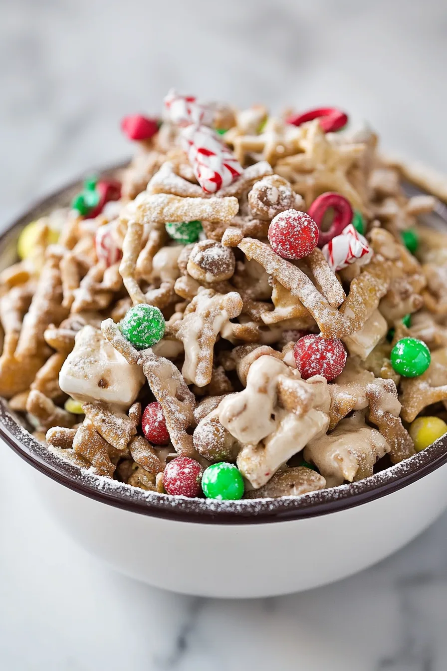 Close-up of a sweet holiday snack bowl filled with crunchy, coated treats