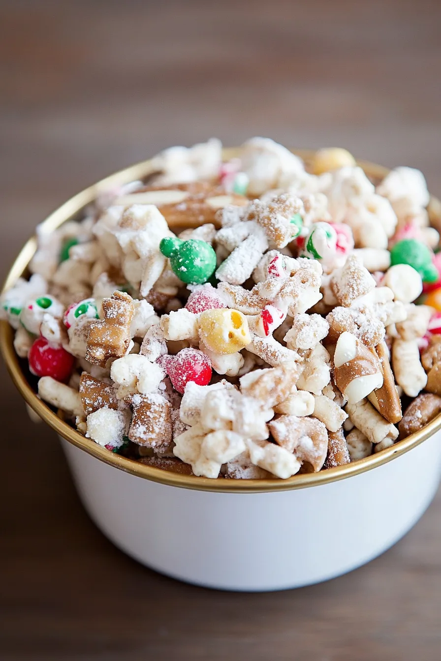 Festive snack mix with cereal, pretzels, and colorful candies dusted with powdered sugar