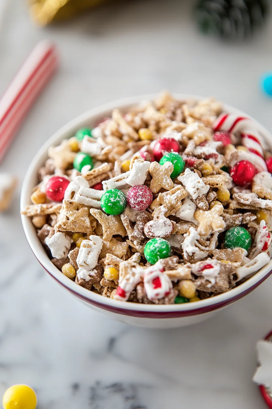 Mix of cereal clusters and red and green candies coated in white chocolate
