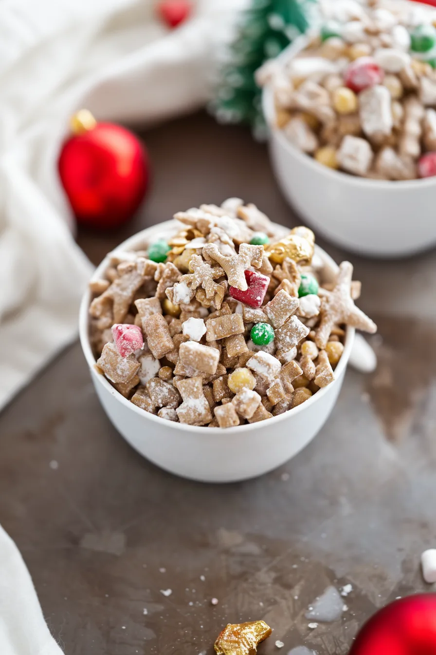 Bowl of sweet and salty snack mix topped with powdered sugar