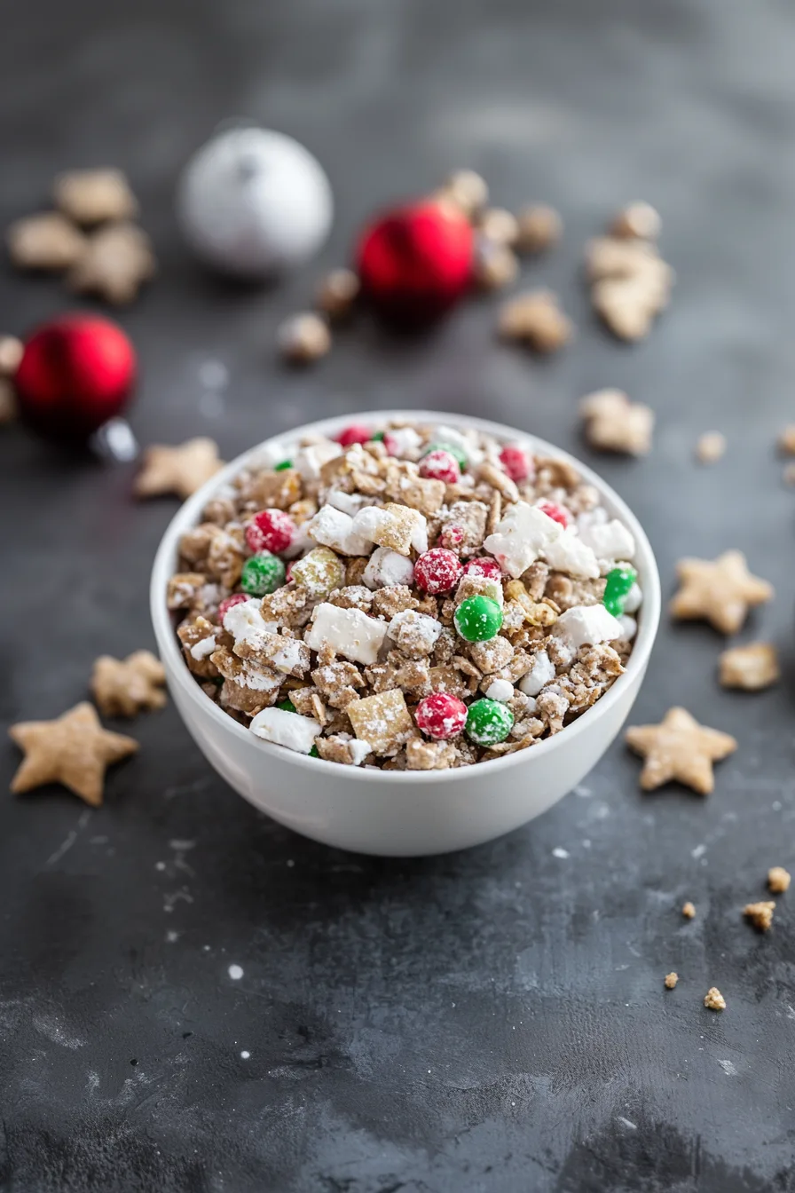 Holiday-themed treat mix featuring candy-coated chocolates and pretzels