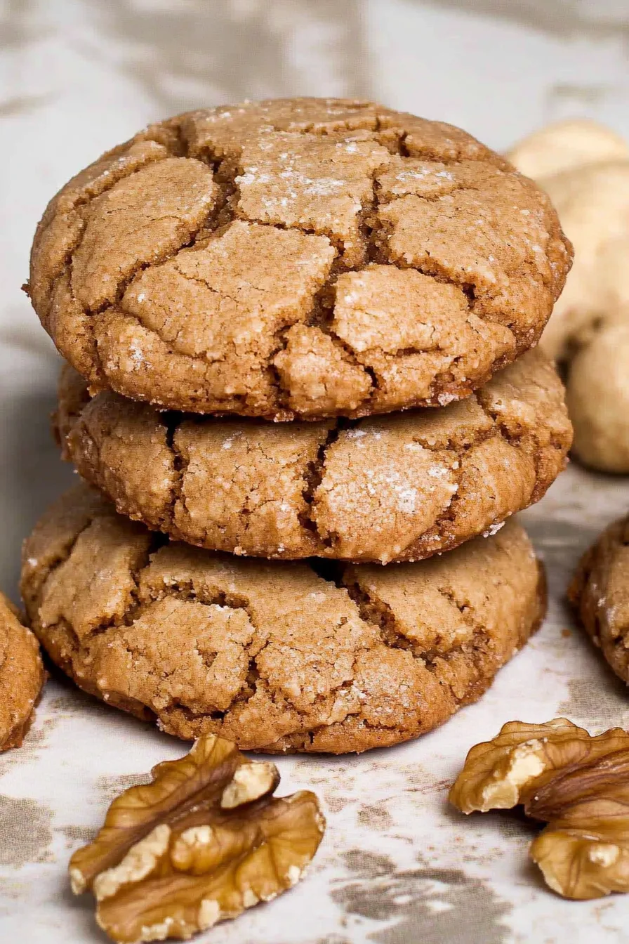 Three chewy cookies with a rustic, crinkled look beside scattered walnuts.