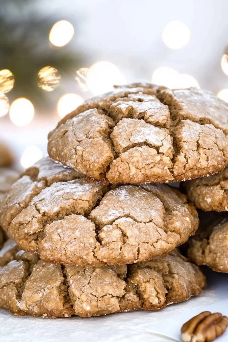 Stack of golden brown cookies with a cracked surface, surrounded by walnut pieces.