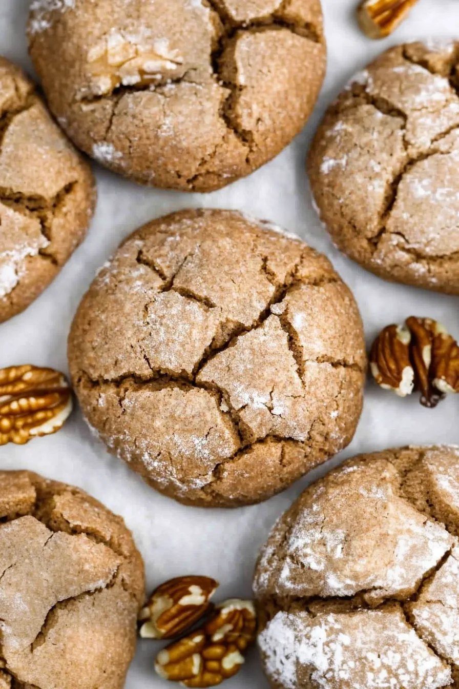 Homemade cookies with a golden crust and walnut accents on a festive background.