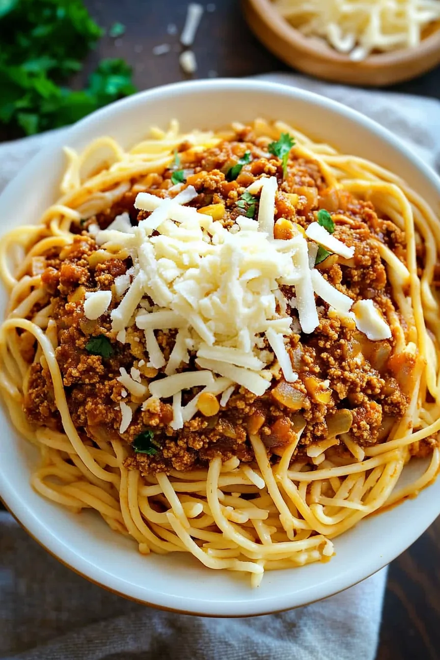 Close-up of hearty meatless chili served over pasta.