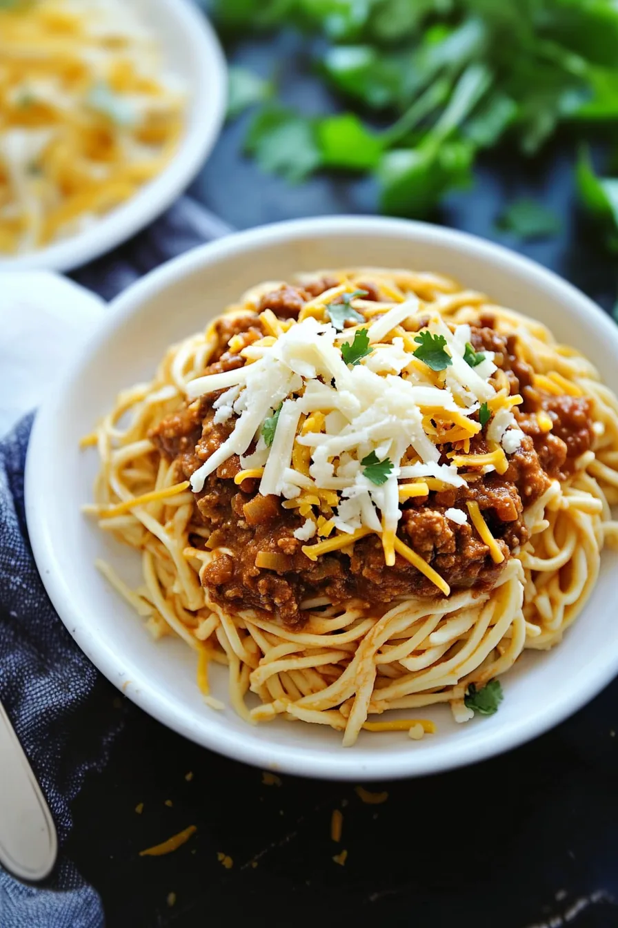 Bowl of spaghetti topped with rich tomato-based chili and shredded cheese.