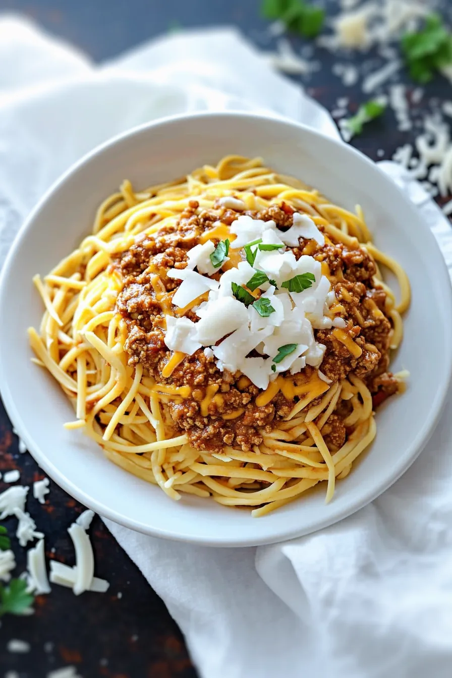 Warm plate of noodles with thick vegetarian chili sauce.