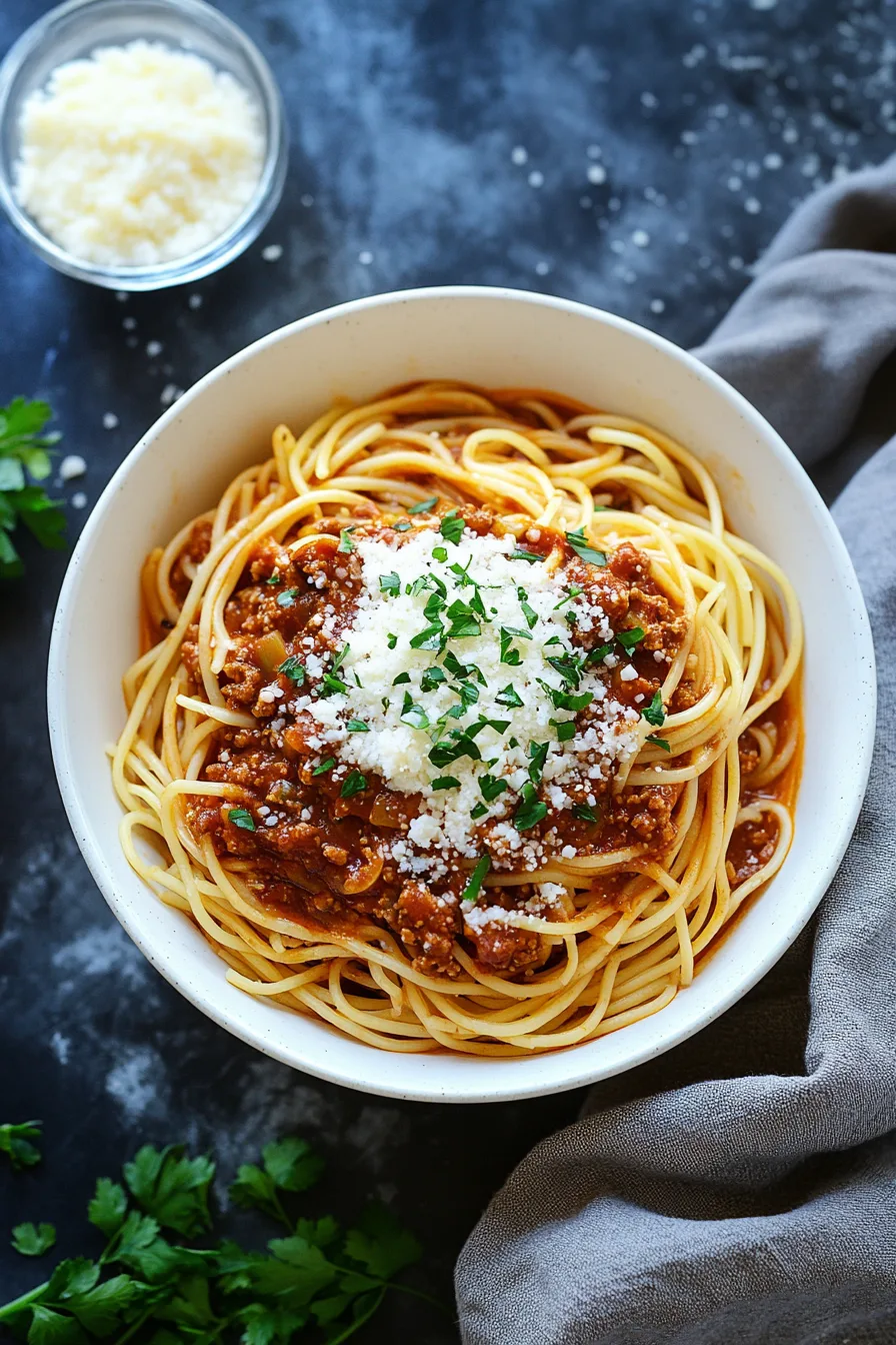 Spaghetti topped with a savory lentil and vegetable chili mixture.
