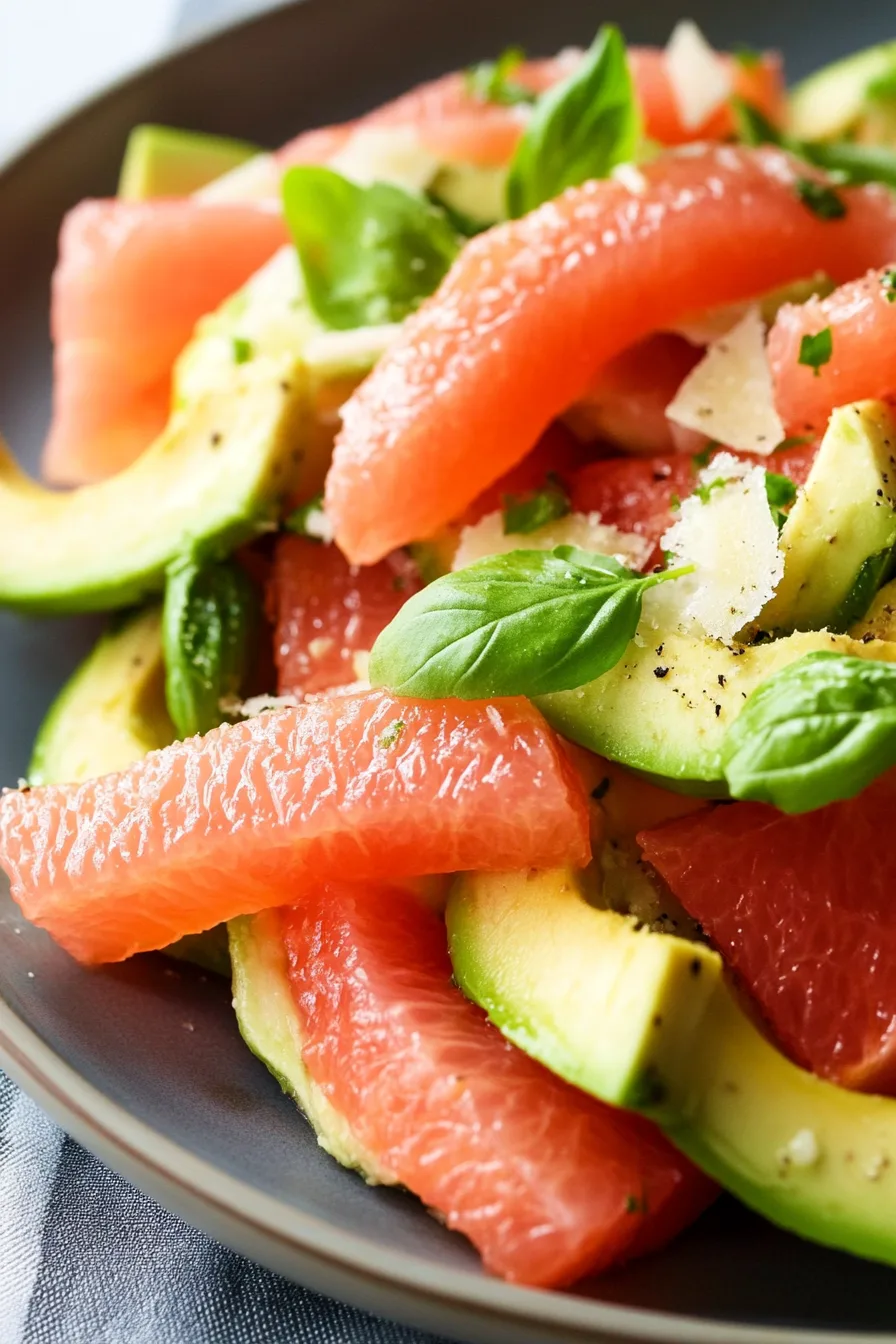 Close-up of fresh citrus slices and creamy avocado arranged beautifully in a bowl.