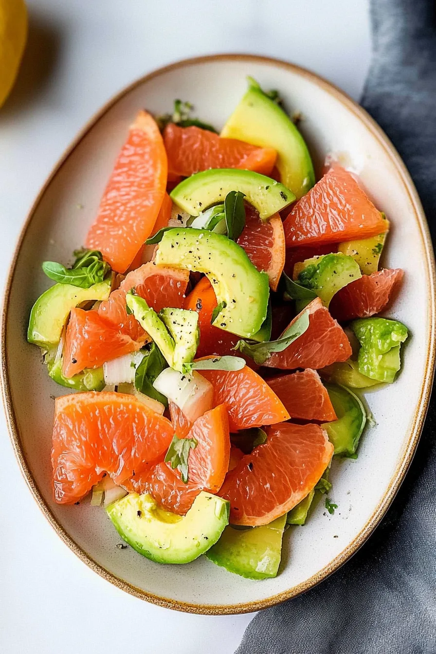 Overhead shot of a vibrant salad drizzled with dressing and sprinkled with herbs.