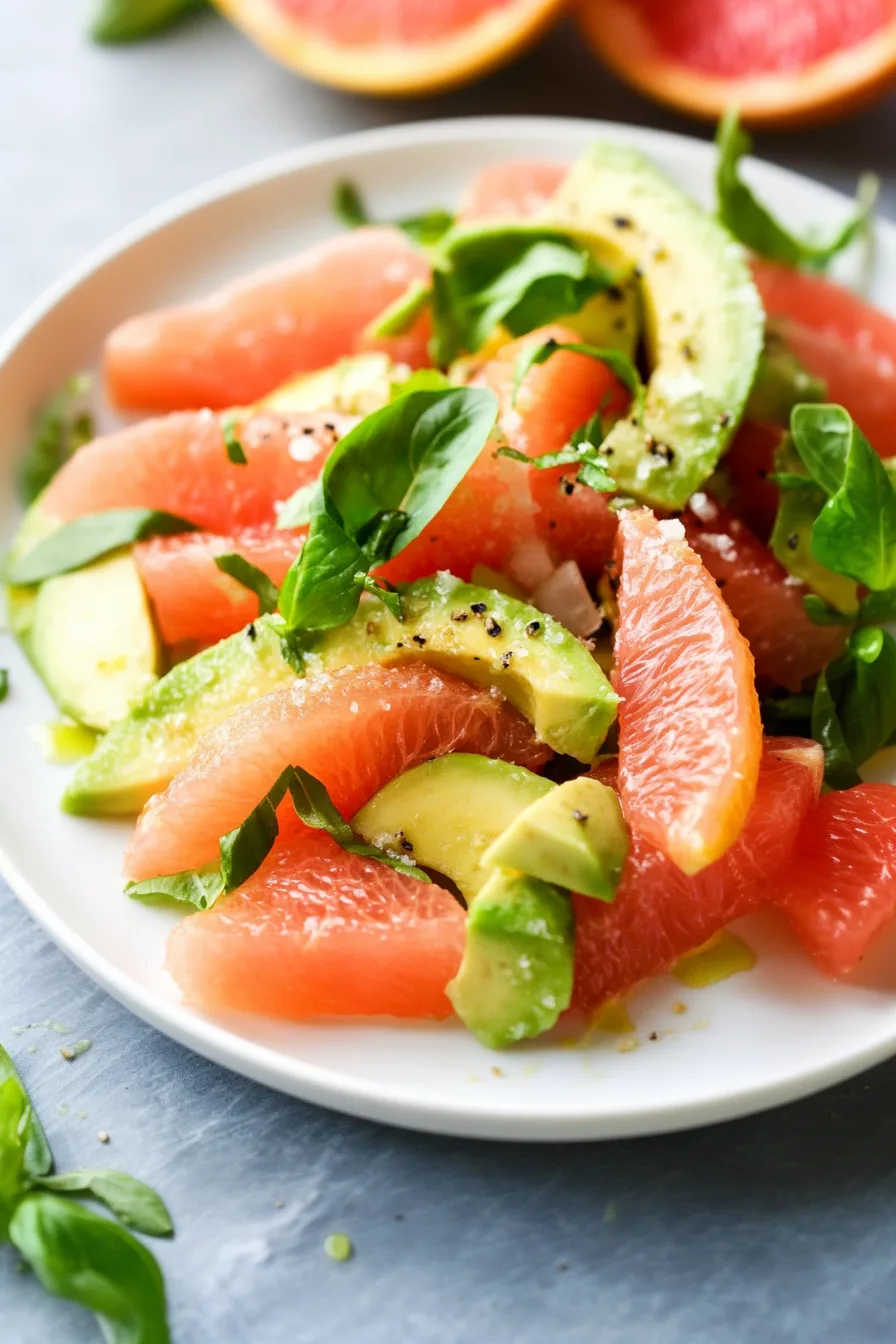 Colorful salad with sliced avocado, orange segments, and mixed greens on a white plate.