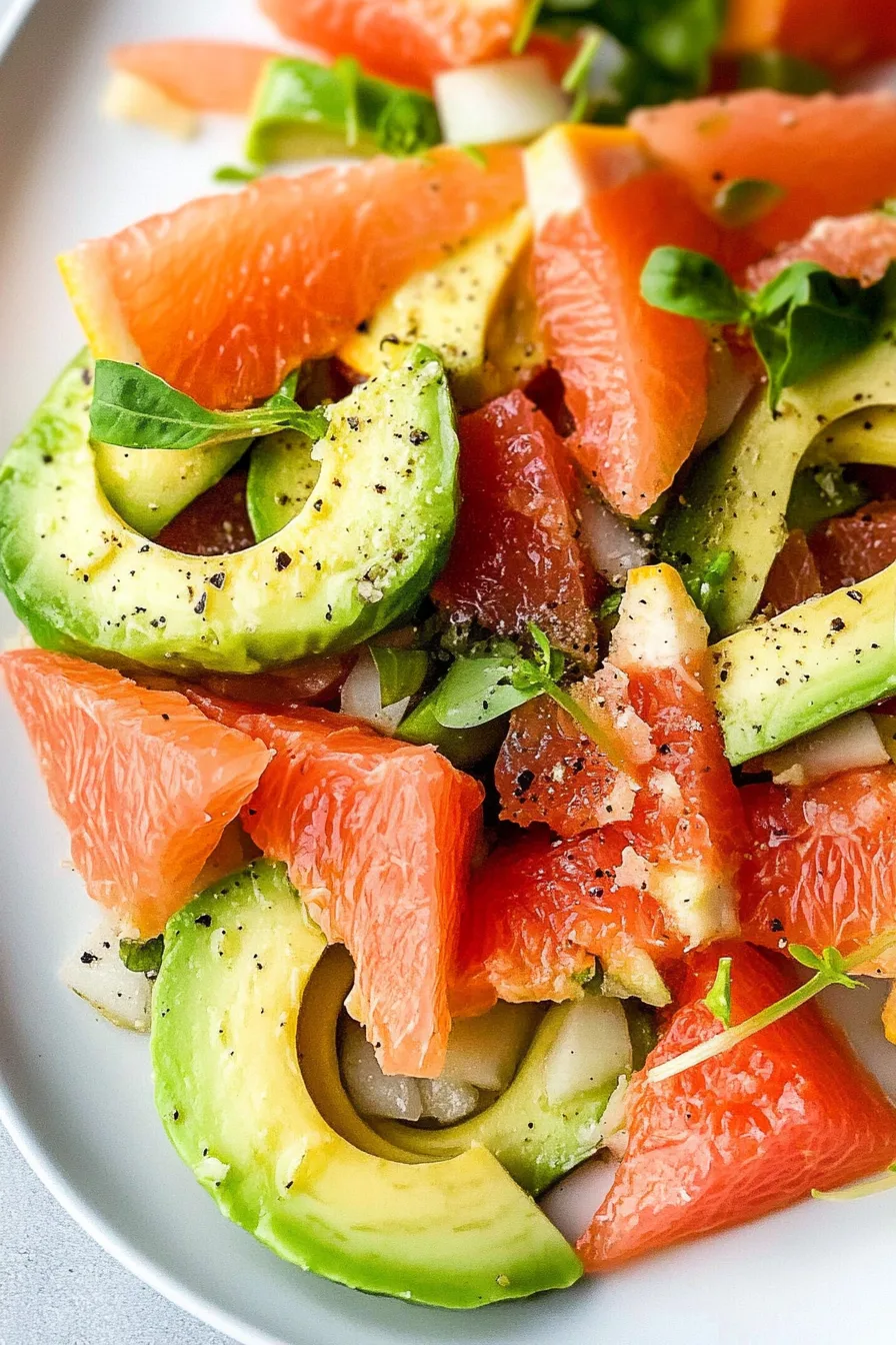Close-up of a bright, refreshing salad with a drizzle of dressing.