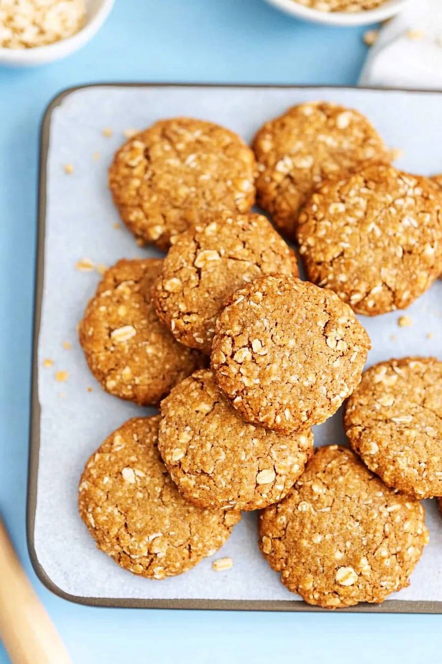 Crispy, chewy oatmeal biscuits with a golden-brown color.