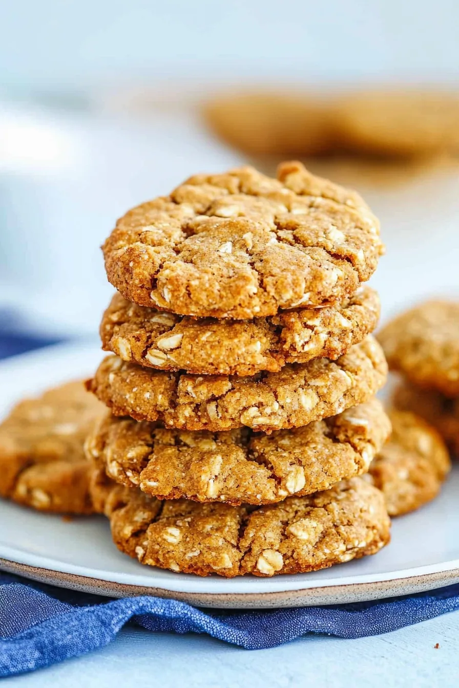 Stack of golden oat cookies on a white plate with a blue napkin.
