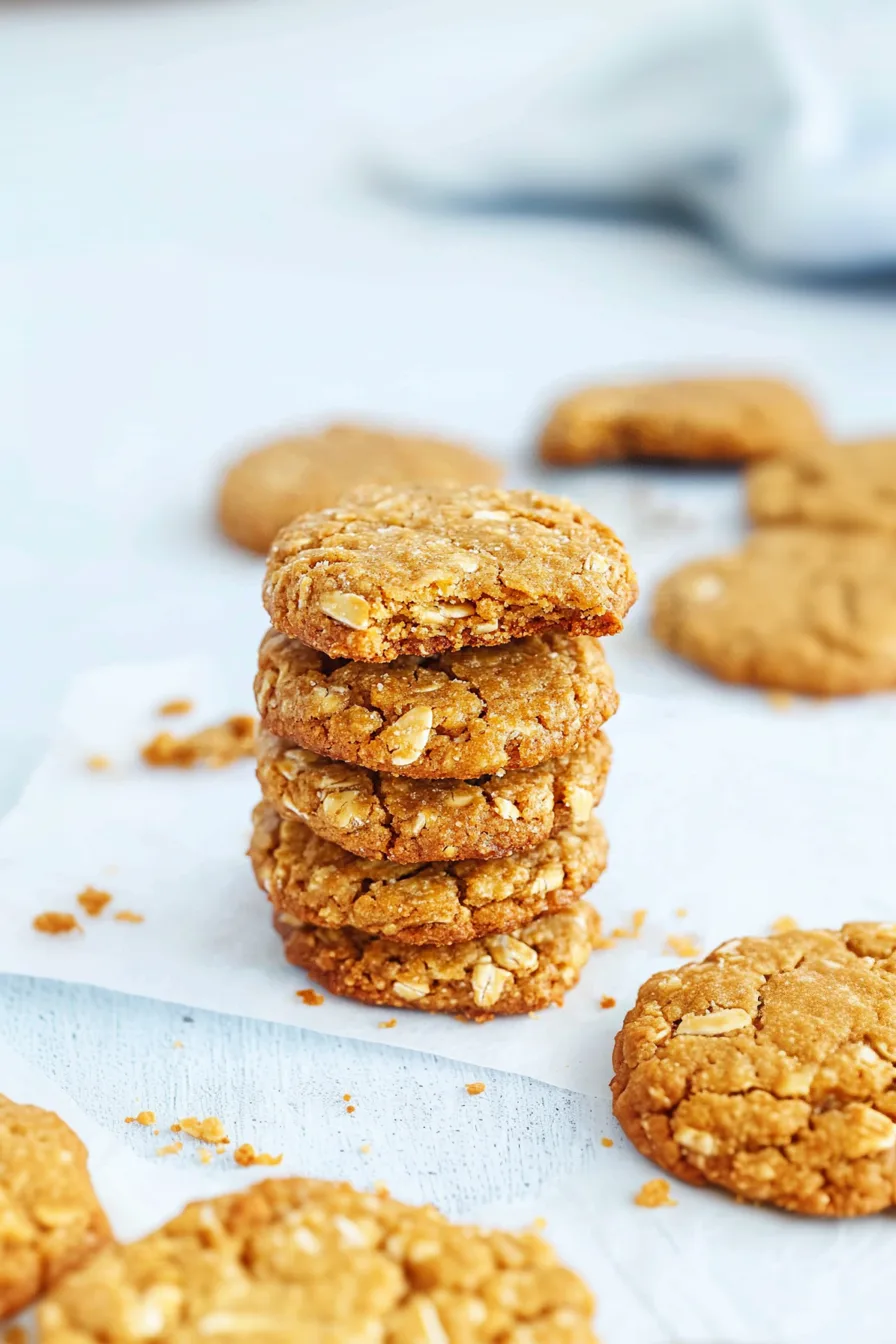 Stack of golden, crispy cookies on a cooling rack with crumbs scattered around.