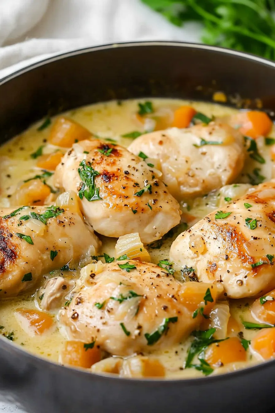 Tender chicken pieces simmered in a creamy white wine sauce with carrots and herbs.