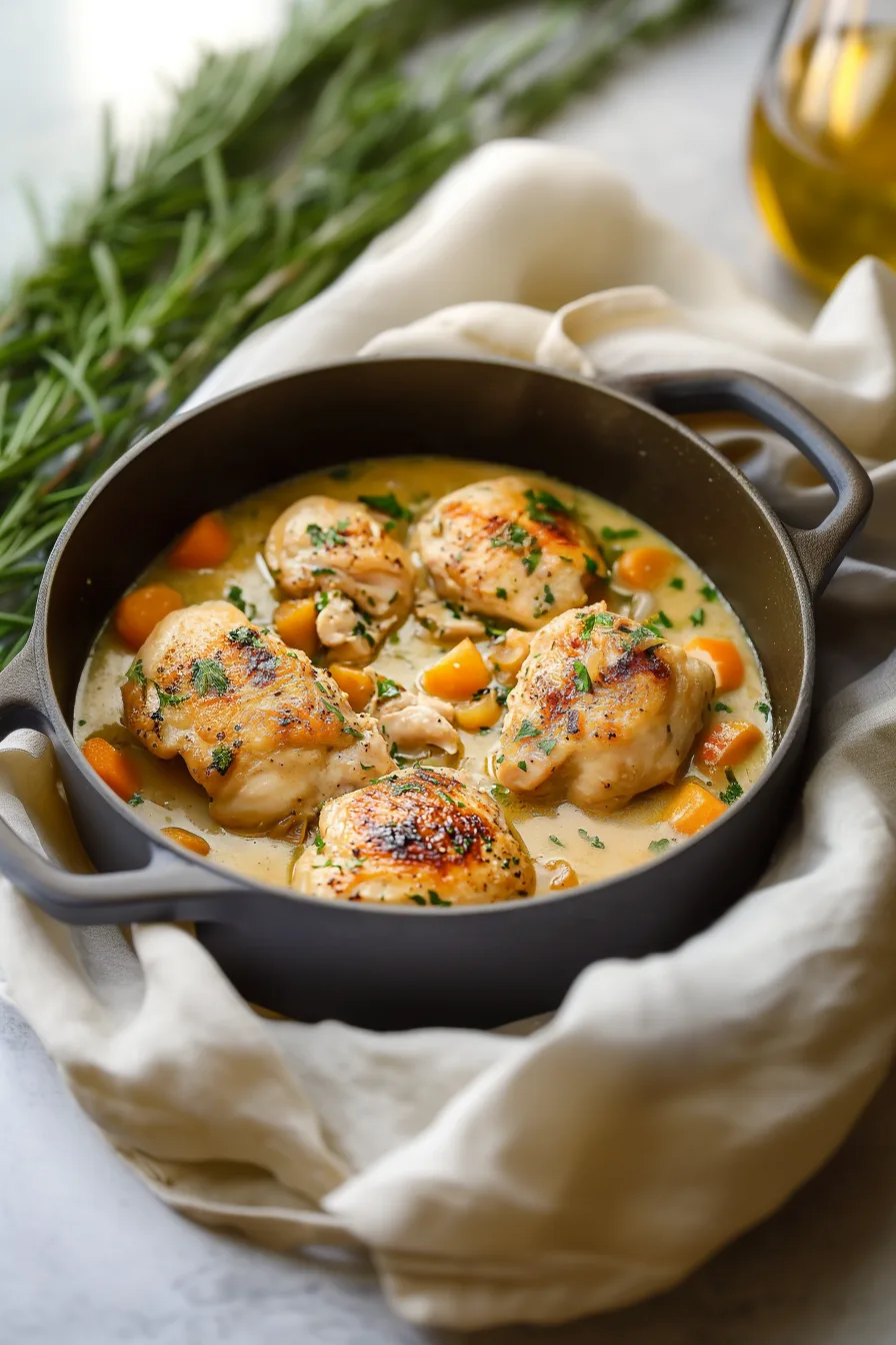 Golden browned chicken in a rich, velvety sauce with vegetables and fresh parsley.