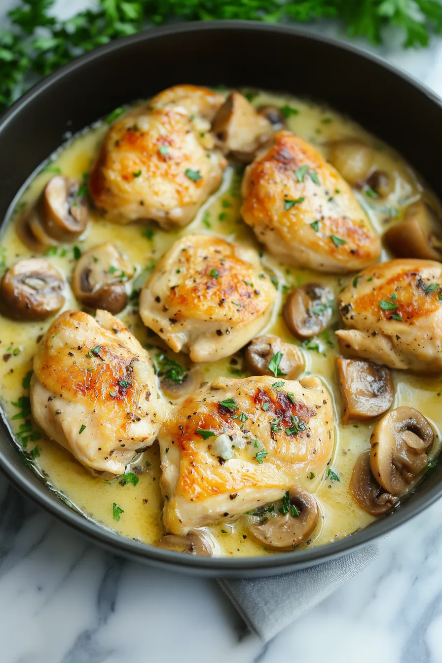 Comforting chicken dish with a smooth sauce and colorful diced vegetables.