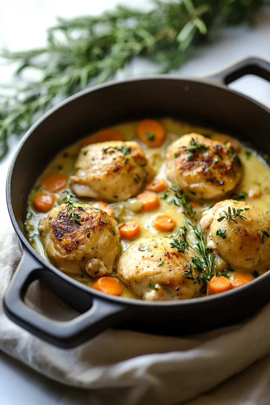 Pan of seared chicken simmering in a creamy herb sauce with carrots and onions.