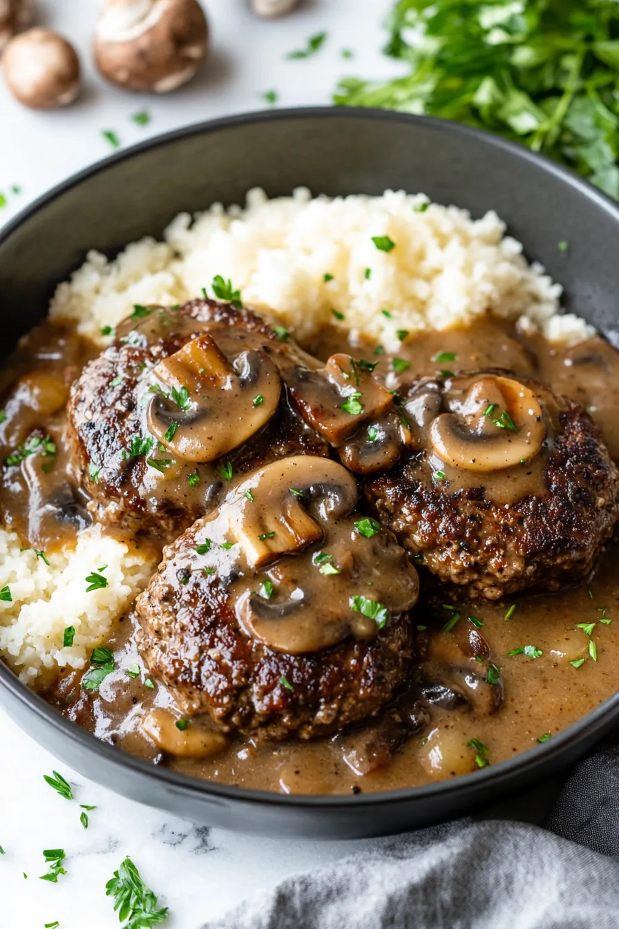 Juicy beef patties topped with rich mushroom gravy and served with rice.