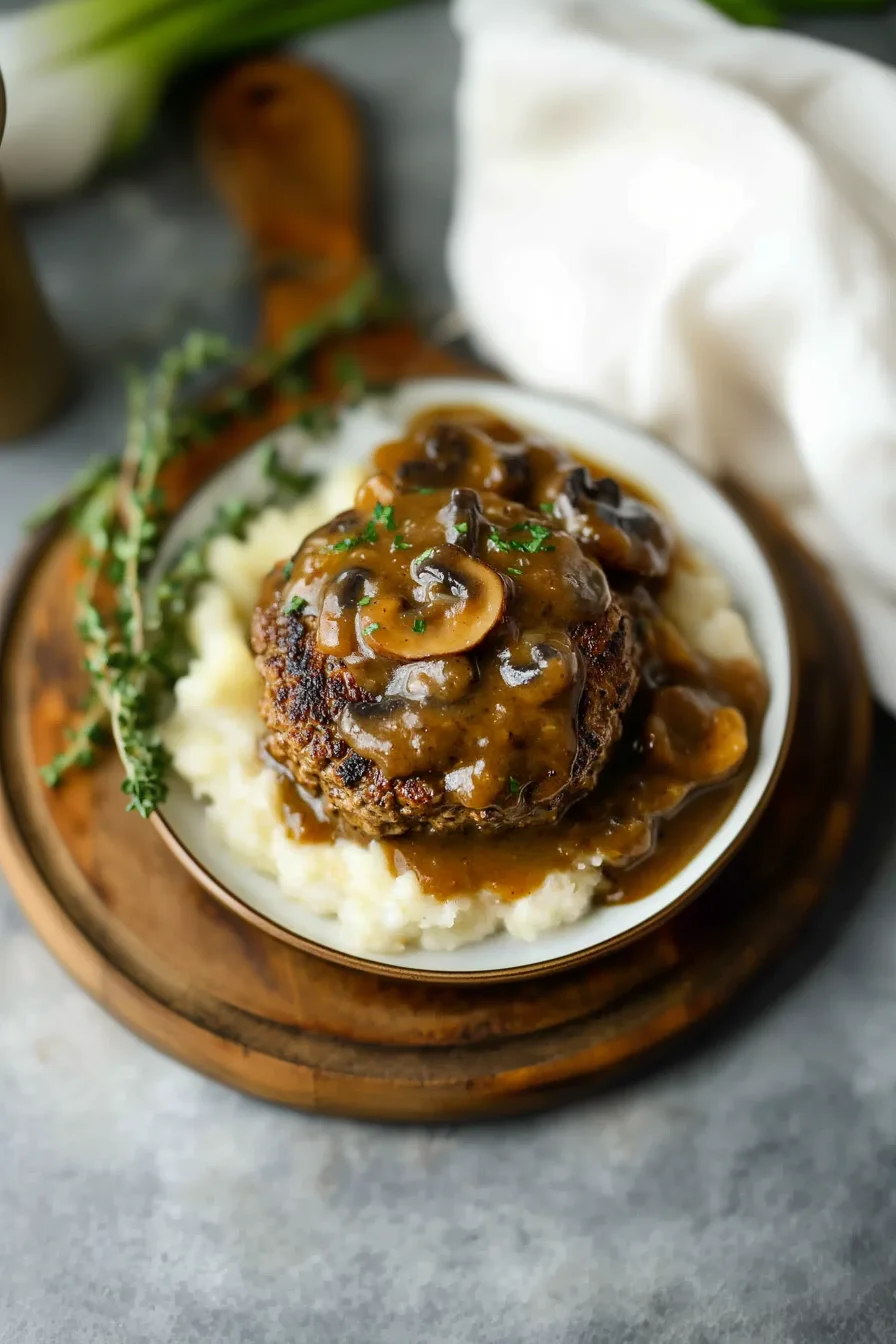 Golden-browned patties in thick gravy garnished with fresh parsley.