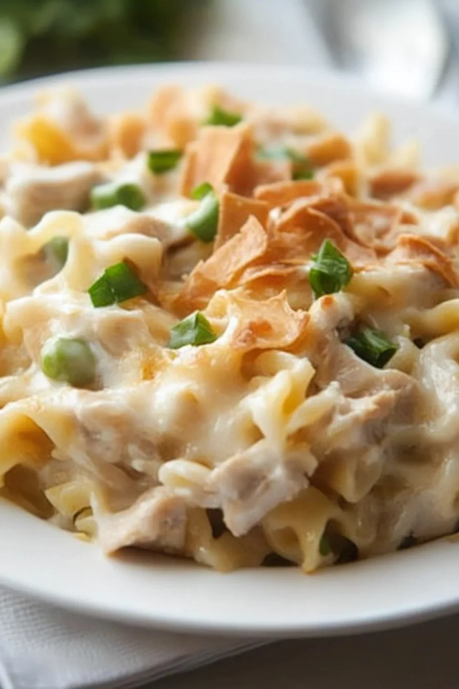 Close-up of a comforting noodle casserole with a golden, crunchy crust.