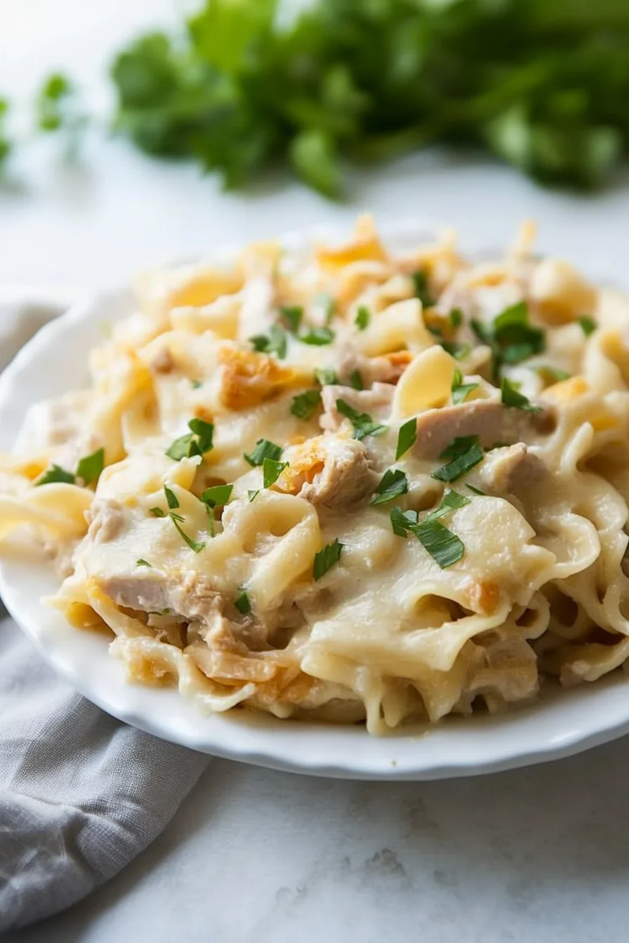Baked noodles mixed with a rich sauce, vegetables, and tender pieces of fish.