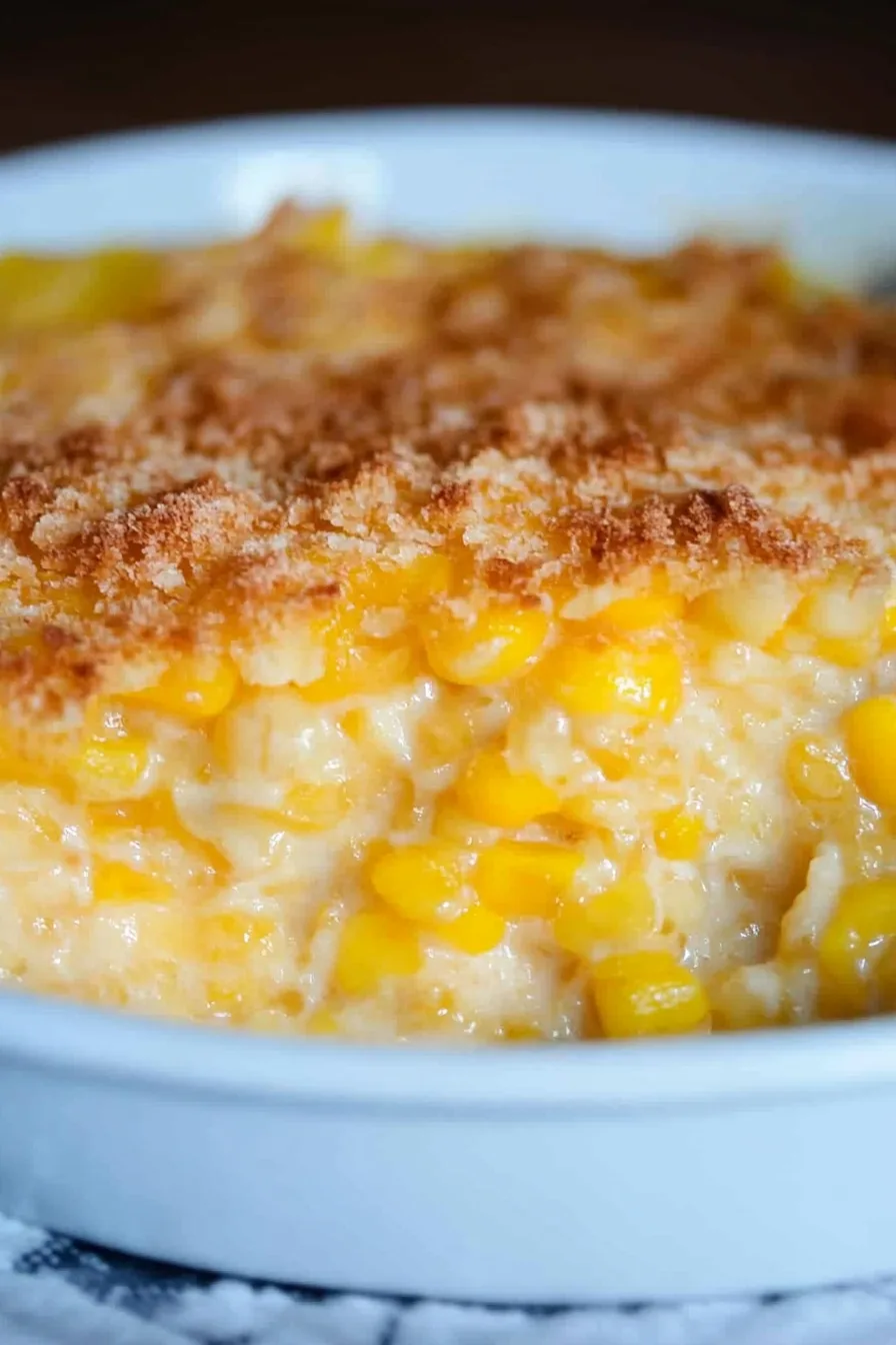 Close-up of a creamy corn casserole with a crispy topping.